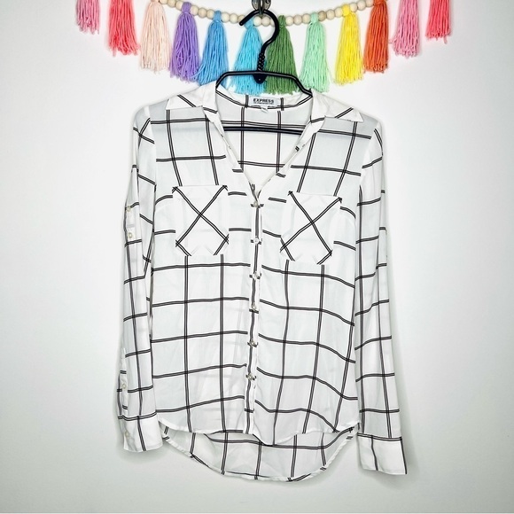 Express White Plaid Double Breasted Portofino Dress Shirt Size Extra Small - Picture 13 of 13